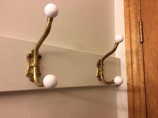 2x Set Vintage Brass Wall Mount Double Hooks w/ Porcelain Balls