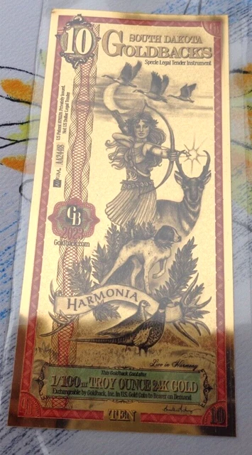 2023 TEN SOUTH DAKOTA GOLDBACK Aurum Gold Foil Note - 24K gold 1/200 oz.