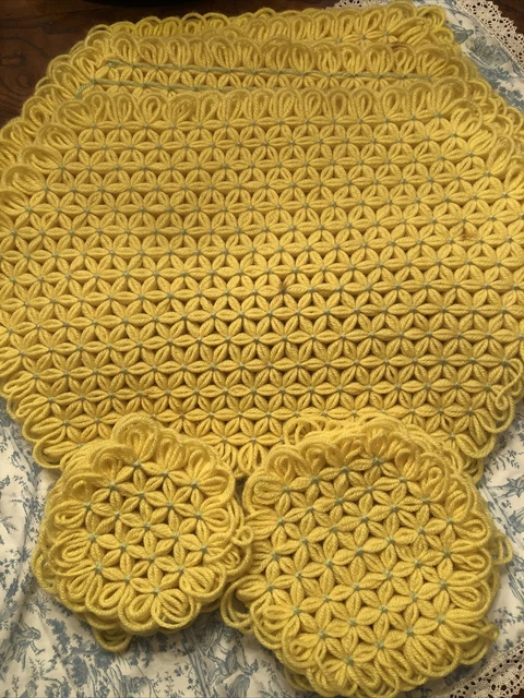 Vintage Loom Knit Mid Century Modern Yellow Placemats & Coasters Daisy Yarn SET