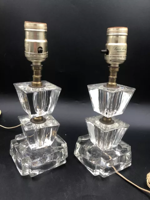 Vintage Art Deco thick clear glass Boudoir vanity table lamp set 9.5” tall