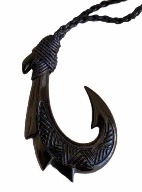Hawaiian Buffalo Bone Black Fish Hook Necklace Hand Carve Hook W/ Patten Choker