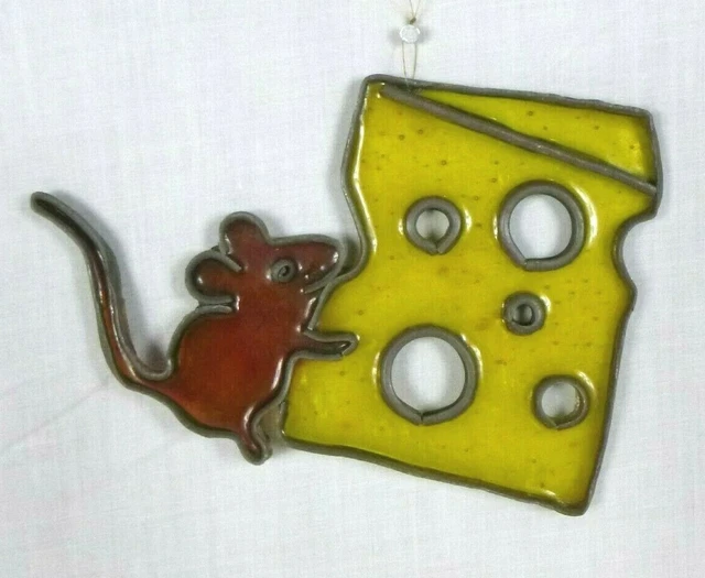 Vtg 70s Plastic Suncatcher Art Faux Stained Glass Mouse & Cheese Yellow Red 5"