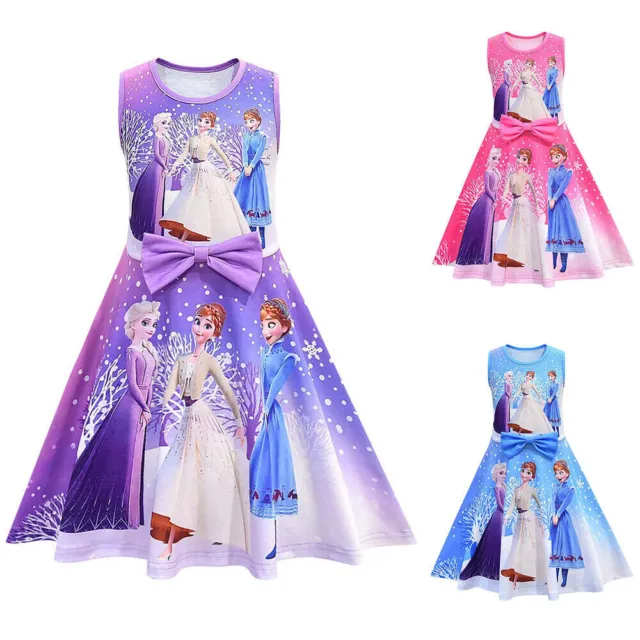 Kids Girls Frozen Elsa Anna Bow Princess Dress Sleeveless Skater Dresses Party