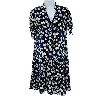 MLLE GABRIELLE Navy Blue Daisy Print Tie Short Sleeve Rayon Shift Dress S