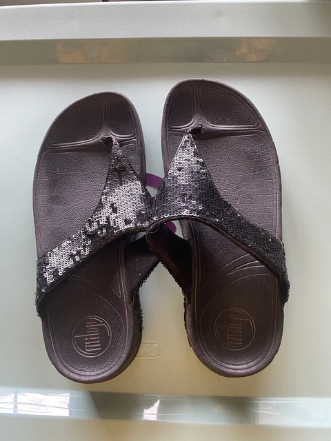 FitFlop Electra Toe Post Thong Sandals Black Sequin Slip On Womens Size 8 shoes