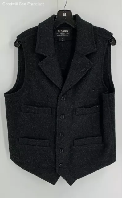 Filson Mens Black Wool Pockets Sleeveless Notch Lapel Button Front Vest Medium