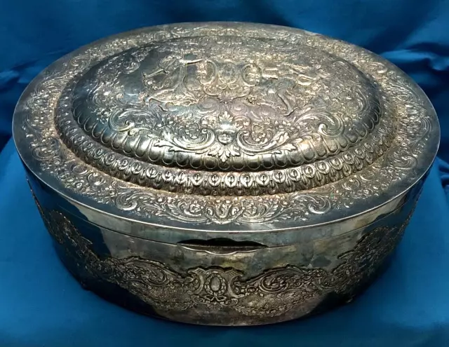 Ornate Antique Silverplated Cookie Tin / Keepsake Box Hinged Lid W&G Button Feet