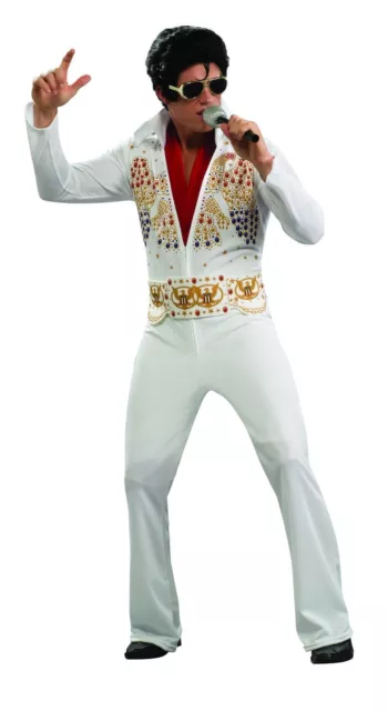 Elvis Presley Costume Mens White Jumpsuit Printed Jewels Red Scarf 1970s Rubies