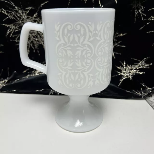 Vintage Milk Glass Pedestal Mug Ring of Fire Floral Pattern 6.5” tall