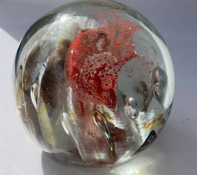 Vintage Isle Of Wight Art Glass Paperweight White Gold Red Swirl
