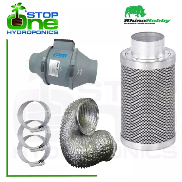 4” Hydroponics Extraction Kit Rhino Hobby Carbon Filter RAM Fan Ducting & Clips