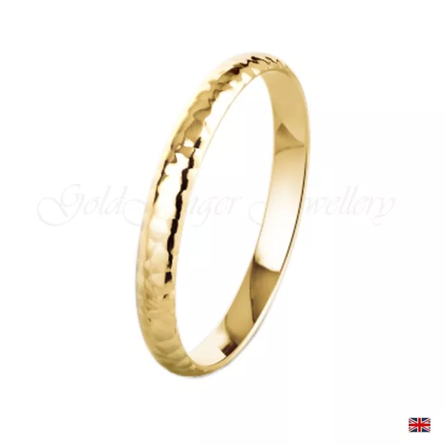 9ct Yellow Gold Ring 2mm Hammered Design Wedding Band - Sizes H-T - Light Weight