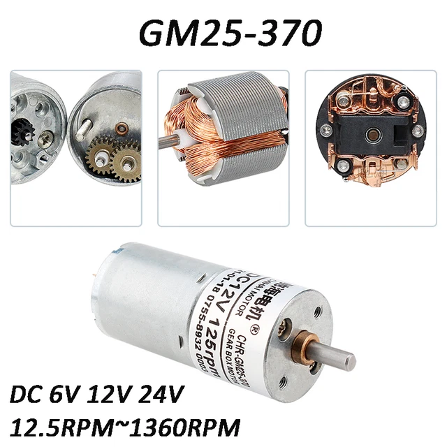 Permanent Magnet Gearmotor GM25-370 Reversible DC 6V 12V 24V Metal 12.5~1360RPM