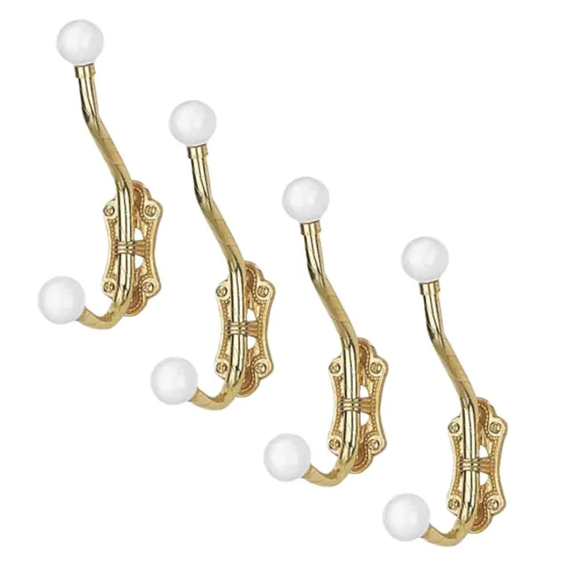 Double Coat Hook 6.25" L Brass Polished White Porcelain Ball Tip Style Pack of 4