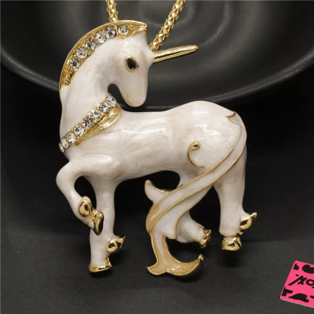 New Betsey Johnson Lovely White Enamel Unicorn Crystal Pendant Chain Necklace