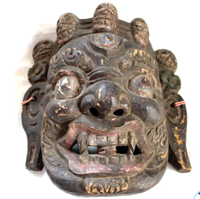 19th Century Antique Tibetan carved wood Wooden Buddhist Mahakala Mask skulls