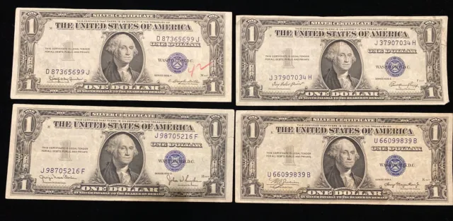 RARE Lot of 4 Dollar 1935 H $1 Silver Certificates Blue Seal Almost Uncirculated