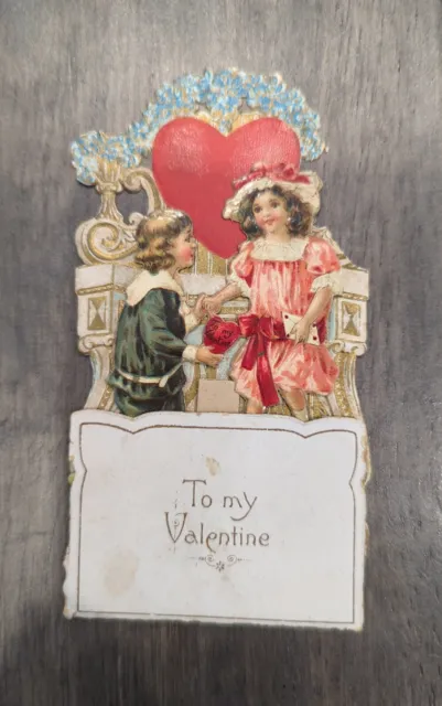 Antique German Victorian Valentine's Card Pop-Up Die Cut Folding Card Poem Kids