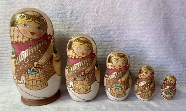 Russian Wooden Nesting Dolls Set Of 5 Handmade In Russia Signed By Poccuu