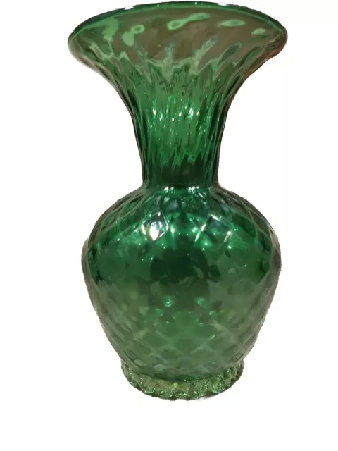 Blenko Emerald Green Diamond Handblown Glass W Applied Bottom Vase MCM Vtg