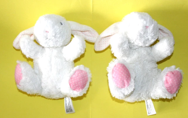 TEX BABY 2 DOUDOU PELUCHE LAPIN  MOUTON ASSIS 18cm BLANC POIS ROSE JAMAIS SERVIS