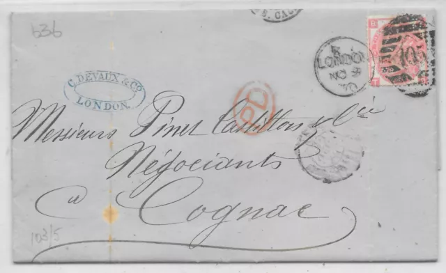 GB Queen Victoria SG103 3d Red Plate 5 on Entire to France (636)