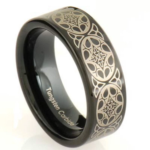 8mm Black Tungsten w/ Gold Celtic Stripe Etch Band Men Engagement Wedding Ring
