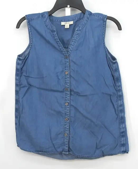 Syle & Co Shirt Womens Size PS Blue Sleeveless V-Neck Button Up Top