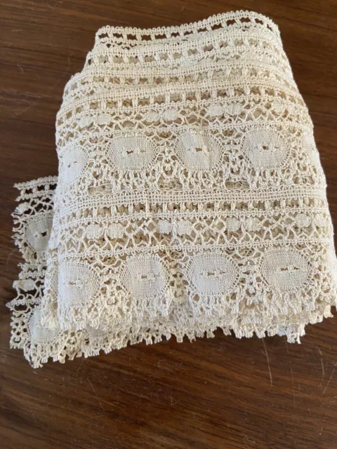 Stunning Antique Detailed Crochet Lace 4.25” Wide Cream 90” Length