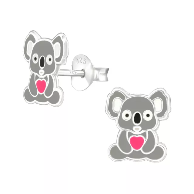 925 Sterling Silver Koala Pink Heart Children Kids Girls Women Stud Earrings