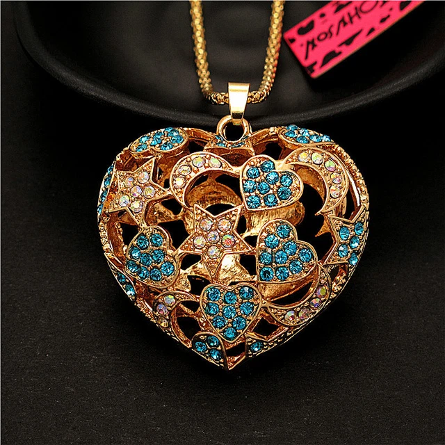 Fashion Women Shiny Crystal Blue Heart Hollow Star Moon Pendant Chain Necklace