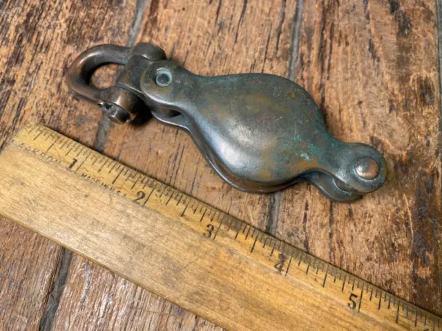 Vintage Bronze Single Block W/Becket  1 1/2" Pulley 3/8" Line
