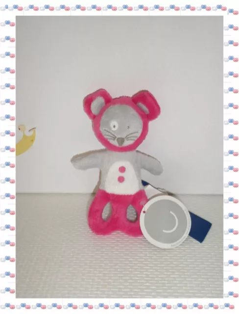 $ - Doudou Peluche Semi Plat Hochet Souris Fuchsia Gris  Blanc Grelot  Obaibi