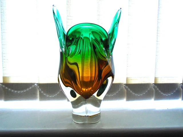 Vintage Bohemia Czech Cats Head Vase Green / Yellow / Clear