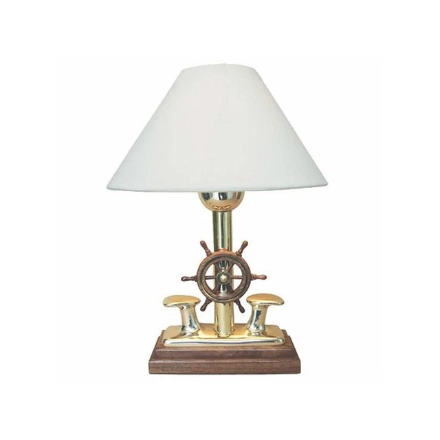 Maritime Tisch Lampe, Tischleuchte mit Doppelpoller und Steuerrad, Messing 35 cm