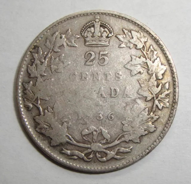 1936 Dot Canada Twenty Five 25 Cent George V Silver Quarter Coin