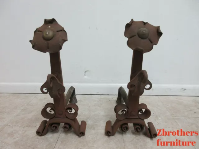 Pair Antique Hand Forge Wrought Iron Firedogs Andirons Spanish Renaissance Style