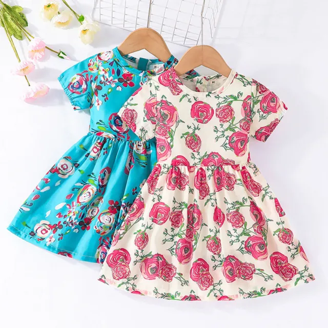 Toddler Kids Girls Short Sleeve Floral Dresses Princess Summer Casual Dress