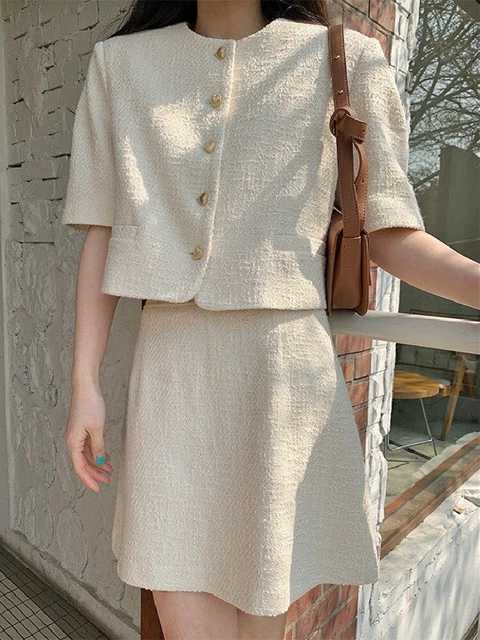Maniche Corte Monopetto Top Vita Alta a-Line Mini Gonna Abiti Tweed 2pcs
