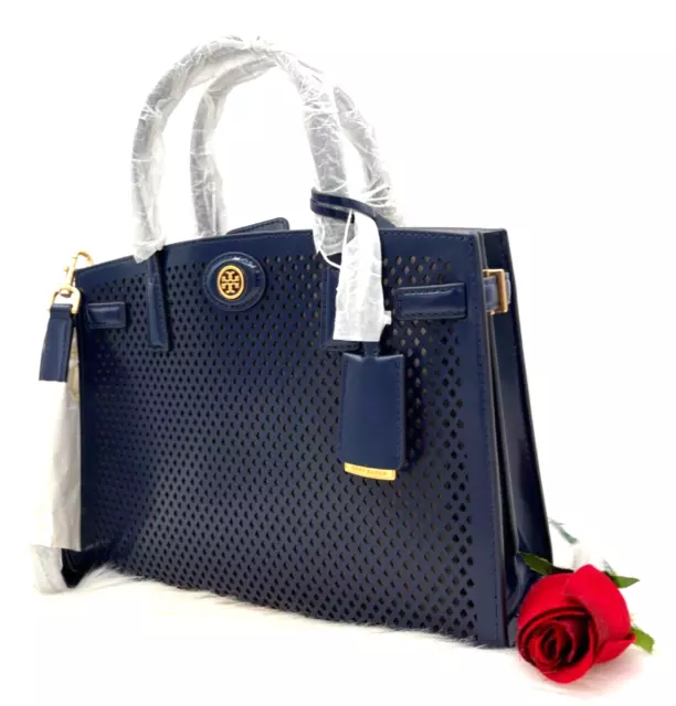AUTH NWT $498 Tory Burch Robinson Small Perforated Leather Satchel In Royal Navy