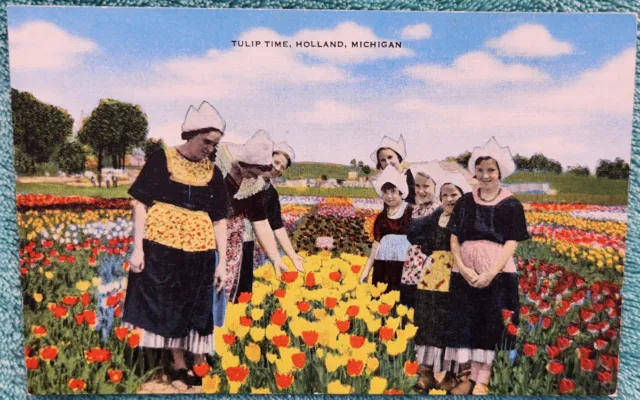 Tulip Time Holland Michigan 1940's Vintage Unused Linen Postcard