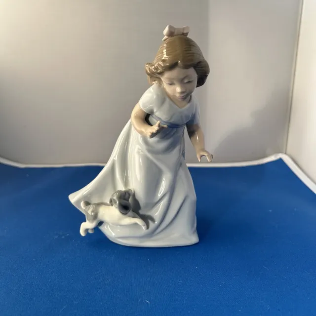 Lladro NAO Daisa 1987 Girl Blue Dress Playing with Puppy Dog Porcelain Figurine