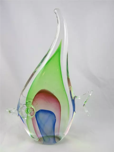 Murano Style 7.5" Hand Blown Art Glass Green/Red/Blue Angel Fish Sculpture