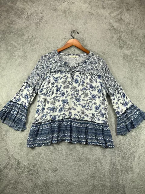 Living Doll Los Angeles Tops Womens Plus 1X Boho Guaze Blue Floral Shirt Ladies