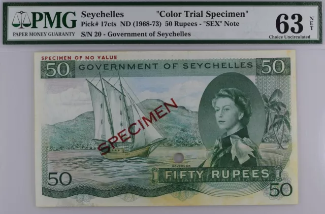 Seychelles Queen Elizabeth II 50 Rupees COLOR TRIAL SPECIMEN #p17cts PMG 63 1973