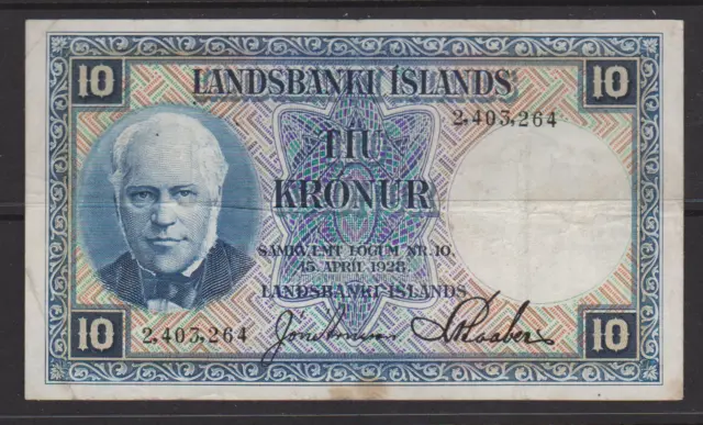 Iceland 1928 10 Kronur Banknote - P.33 blue as shown