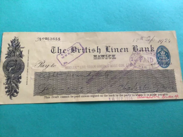 The British Linen Bank Hawick 1924 Cheque  A12074