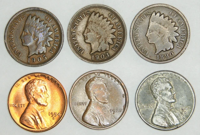 1890 Indian Head Penny, 1943-S Steel Wheat, 1954 S Lincoln Wheat BU - 6 coin lot