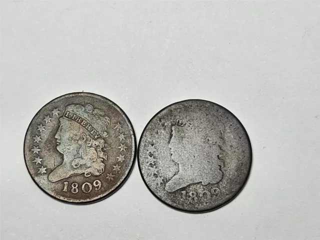 2 Antique Us Coin-1809 One Cent-Large Cent-Classic Head-Old! Nr