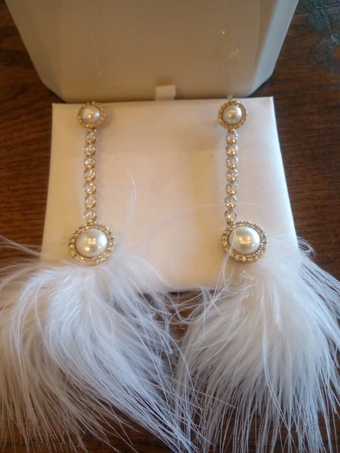 Antonio Melani x Nicola Bathie  pearl Ostrich Feather Long Cz Statement Earings